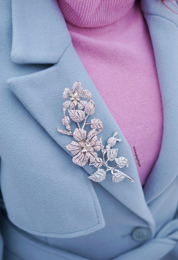 Winnipeg Style Fashion stylist, canadian blogger, Chicwish baby blue Mary Poppins inspired vintage style coat, Flared belted wool blend dress fall winter coat, outerwear, Joan Rivers classics collection statement floral crystal brooch pin